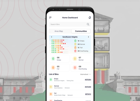 SmartBin mobile app floor-level view of community buildings